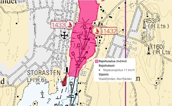 Nopeusrajoitusalue, kaupungin- ja pohjoislahti, 6 solmua merenkulkijoille.