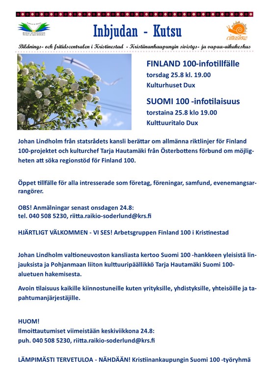 Inbjudan till Finland 100 infotillfalle Kutsu Suomi 100 tirdotustilaisuuteen