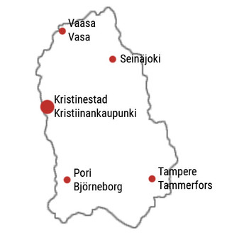 Karta som visar Kristinestads placering i förhållande till andra orter.