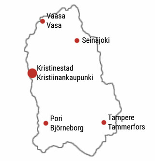 Kartta jossa näkyy Kristiinankaupungin sijainti verrattuna muihin kaupunkeihin.