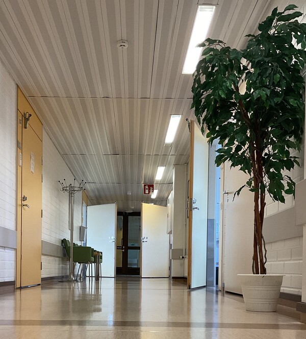 vaalea ja valoisa käytävä, missä keltaiset ovat ovat avoinna