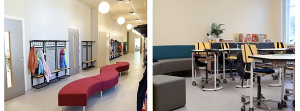 två bilder: en röd slingrande soffa i en ljus korridor och stolar i klassrum