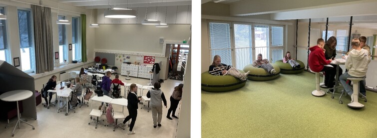 bild på ett ljust och luftigt klassrum samt en öppen lärmiljö