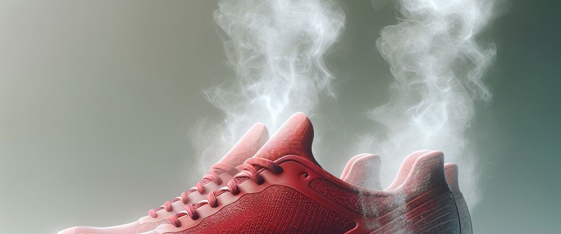 Ett par roda joggingskor som star stilla pa marken med vit rok som stiger upp fran dem som om de ny