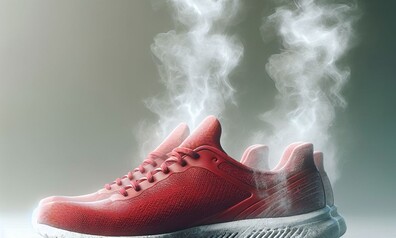 Ett par roda joggingskor som star stilla pa marken med vit rok som stiger upp fran dem som om de ny2