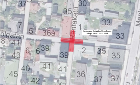 Tillfällig trafikavstängning i centrum, korsningen Skolgatan-Strandgatan