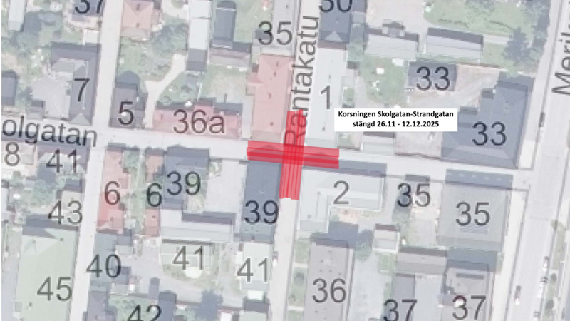 Tillfällig trafikavstängning i centrum, korsningen Skolgatan-Strandgatan