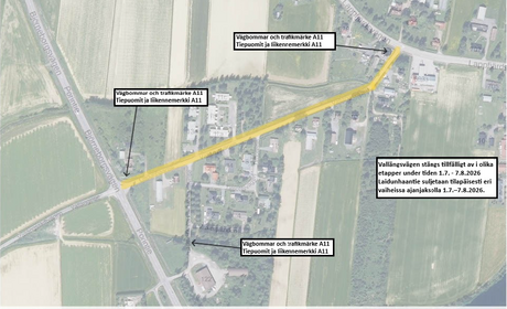 Tillfällig stängning av Vallängsvägen i etapper, Lappfjärd, 1.7-7.8.2026