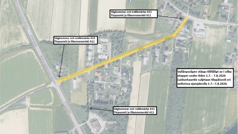 Tillfällig stängning av Vallängsvägen i etapper, Lappfjärd, 1.7-7.8.2026