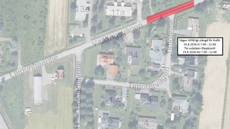 Tillfällig avstängning av Vallängsvägen i Lappfjärd 25.8
